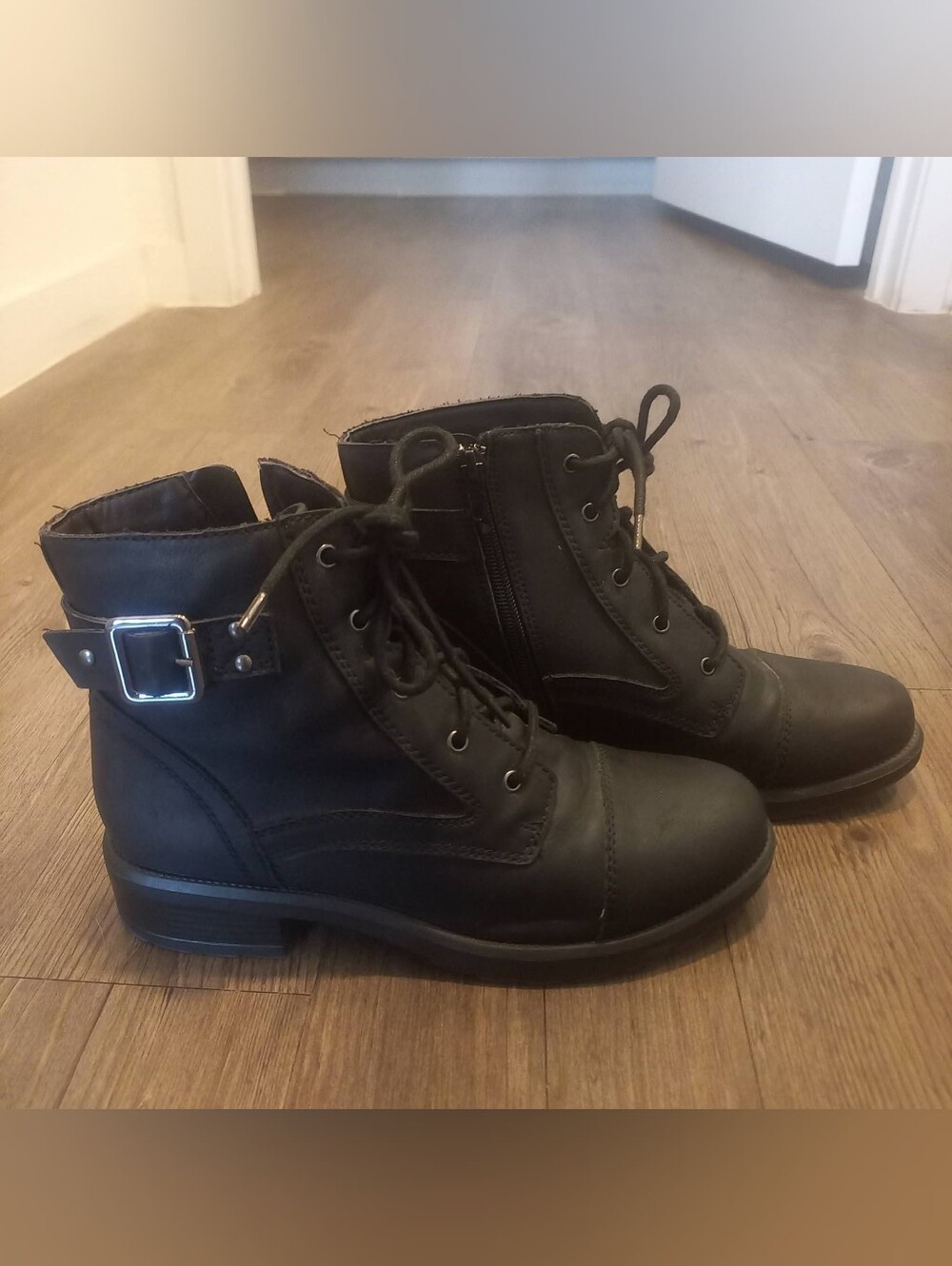 Women's Black Lace-Up Ankle Boots with Buckle